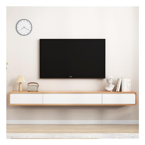 Estante flotante de TV con 2 cajones para dormitorio y sala de estar, centro de entretenimiento y consola de medios de entretenimiento, color blanco + tronco, 160 cm