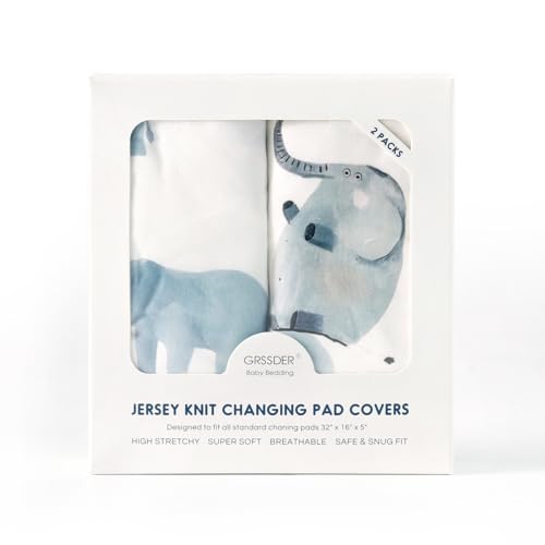 Image of GRSSDER Stretch Ultra Soft Jersey Knit Changing Pad Cover Set 2 Pack, Change Table Pad Covers Fit 32 inch /34 inch x 16 inch Pads Safe and Snug, Cute Diaper Changing Pad Covers of Elephant Print