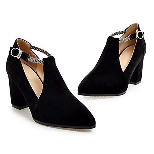 Women's Pointed Toe Chunky High Block Heel Pumps Suede T-Strap Mary Jane Comfort Office Dress Shoes3