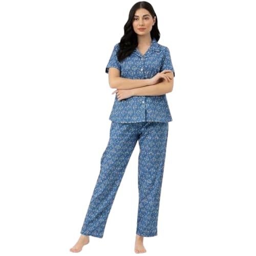Women's Floral Print Pyjama Set Blue | Short Sleeve Top with Full Length Pants | Soft Comfortable Nightwear Loungewear-image-1