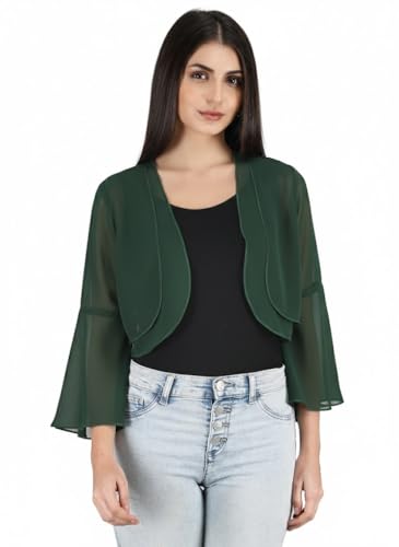 Image of AOL Women's Cropped Layered Lightweight Sheer Three-Fourth Bell Sleeves Georgette Open Neck Shrug Bolero