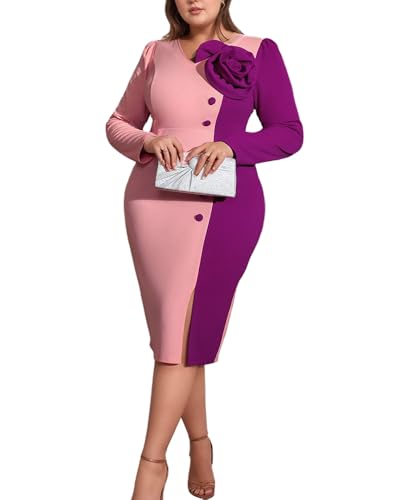 ONTINVA Women's Colorblock Work Church Pencil Dress Casual Button Petal  Long Sleeve Bodycon Cocktail Party Midi Dress - Product Details