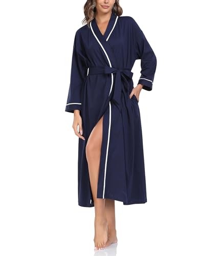 ANLIQI 100% Cotton Robe for Women Long Sleeve Knit Kimono Soft Lightweight Bathrobe Full-Length Housecoat with Pockets