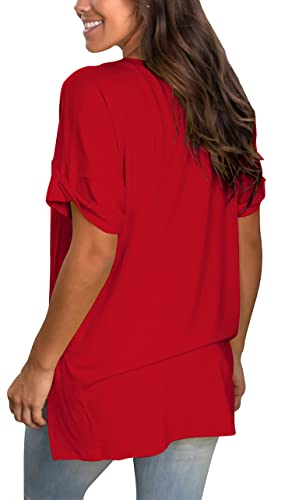 Image of Sampeel Women's V Neck T Shirts Casual Rolled Short Sleeve Side Split Summer Tops Loose Fit