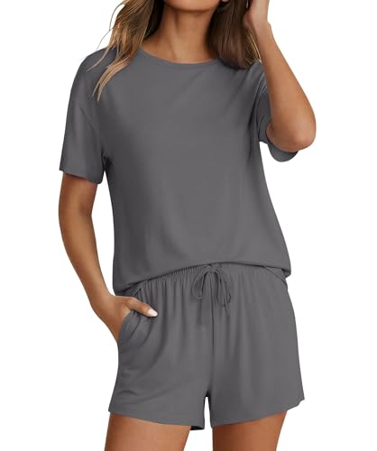 Image of Ekouaer Pajama Set for Women Viscose from Bamboo Short Sleeve Tops and Shorts Set 2 Piece Lounge Set