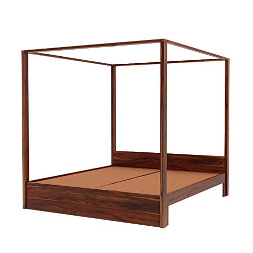 Image of Solid Sheesham Wood King Size Poster Bed Without Storage for Bed Room Living Room Home Wooden Double Bed Palang Solid Wood Bedroom Furniture for Hotel (Honey Finish)