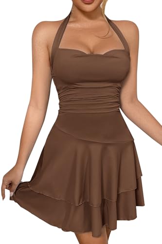 Ausing Neckholder Kleider Damen Kurz Sexy Sommer Bodycon Mini Kleid Plissee Ärmellos mit V Ausschnitt Rüschen Party Cocktail Kleid Club Rückenfrei...
