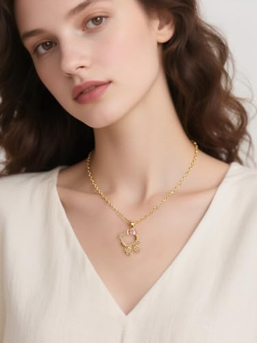Cute Gold-Plated Necklace Bracelet Set, Cat Bow Pendant with Simulated Diamonds and Pearls, Adjustable Chain for Women,Kawaii Gift Jewelry (Gold)2