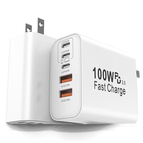 Image of FEEL2NICE 100W USB C Charger Block, 5-Port Fast Wall Charger [3 PD USB-C & 2 QC 3.0 USB-A], Compact Adapter for MacBook Pro, iPad, iPhone 17 /16 /15 Pro Max, Galaxy S26 /S25 Ultra, Laptop