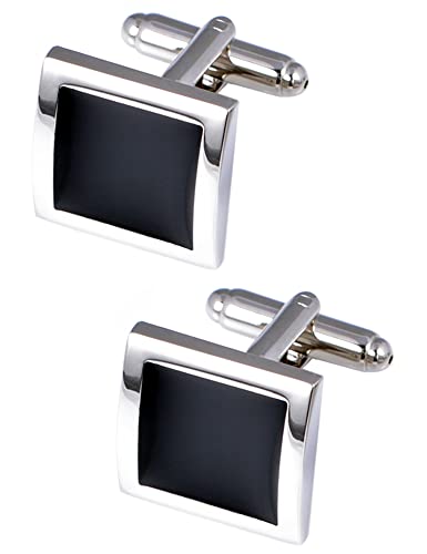 Silver Black Tone Square Men's Cufflinks in a Gift Box Classic Tuxedo Cuff Link for Wedding Formal Business Shirt