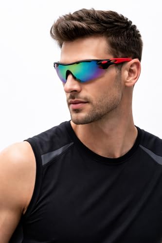 Image of Oversized Sports Goggles for Men & Women UV400 Protection Non Polarized Cycling Running Cricket Driving Fishing Outdoor Lightweight Wraparound Design Clear Vision Eyewear. (Red + Green)