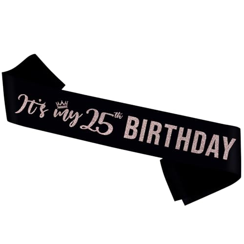 Image of PYQWA It's My 25th Birthday Sash,Twenty Five Satin Sash,Rose Gold Glitter 25th Birthday Gifts for Girls Happy 25 Party Decorations