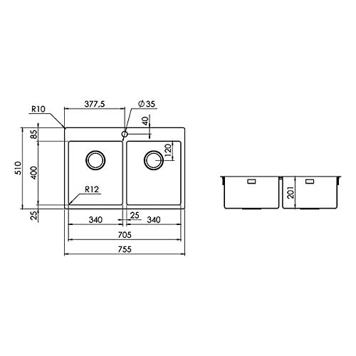Lavello cucina Plados SR7520 a due vasche in acciaio inox satinato