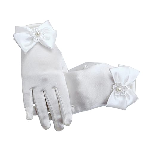 Flower Girl Lace Gloves for Weddings Short Wrist Design Random White and Beige Elegant Bowknot Detail for Special Occasions for Baptism Prom and Evening Events