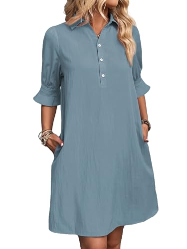 Image of FENSACE Womens Casual Shirt Dress Ruffle Sleeve Button Down Shift Summer Dresses with Pockets