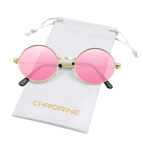 CHRORINE CHORINE Hippie Sonnenbrille Rund Retro Stil der 70er Jahre für Damen und Herren Party Accessoire Festival Mode Vintage Sonnenbrille (Goldenes Gestell Rosa Gläser)
