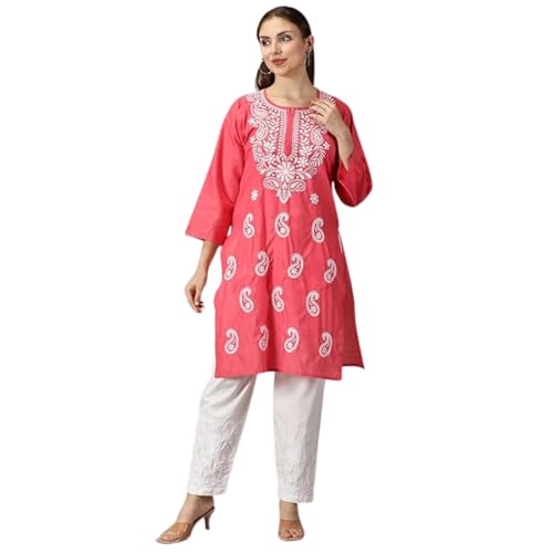 Image of FCH, Fashionable Chikan Handikraft Women's Cotton Lucknowi Chikankari Printed Straight Kurta for Regular Wear Girls Flared Kurta