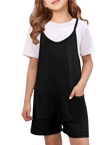 Tongmingyun Girls Summer Sleeveless Casual Romper Spaghetti Strap Shorts Jumpsuit with Pockets