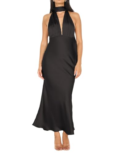 Image of 2026 Women's Satin Halter Deep V Neck Wedding Guest Maxi Dresses | Summer,Backless,Silky,Sleeveless,Open Back,Wedding Guest,Cocktail,Party,Date night,Engagement,Elegant,Long Dresses