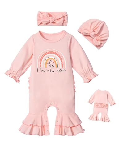 Image of AGAPENG Newborn Girl Clothes Ruffle Letter Print Romper Infant Bell Bottom Jumpsuit Boho Baby Girl Clothes with Headband Hat