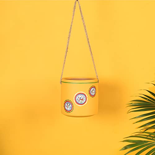 Image of AAKRITI ART CREATIONS Terracotta Hanging Planter | Yellow Warli Art Design, Matte Finish | Decorative Hanging Pot for Indoor & Outdoor Home Decor