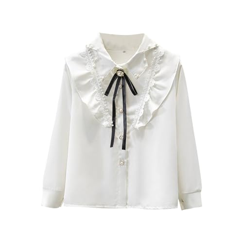 Girls Ruffle Button Down Shirt Pearl Decor Long Sleeve Lapel Collar Blouse with Bowknot School Uniform Tops for 3-13 Years