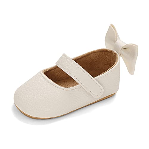 MK MATT KEELY Baby Girl Shiny Mary Jane Lovely Baby Sandals Soft Sole Toddler Shoes First Walkers Crib Shoes,White Bow 6-12 Months