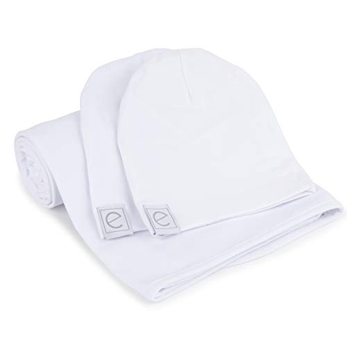 Image of Ely's & Co. Cotton Knit Jersey Swaddle Blanket and 2 Beanie Gift Set, Large Receiving Blanket - White