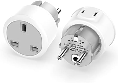 UK to European Plug Adapter 2 Pack, Grounded Travel Adapter UK to Europe, Travel Plugs UK to EU Plug Adapter, US/UK to Euro Plug Adapter for Spain, Turkey, Greece, France, Poland and More (Type E/F)