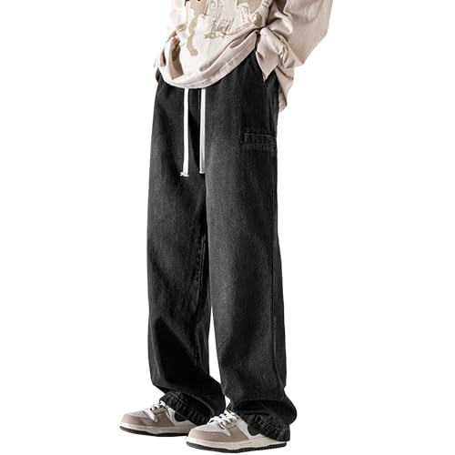 Men's Regular Fit Straight Leg Jeans Fashion Lightweight Jean Casual Drawstring Elastic Waist Cargo Denim Pants