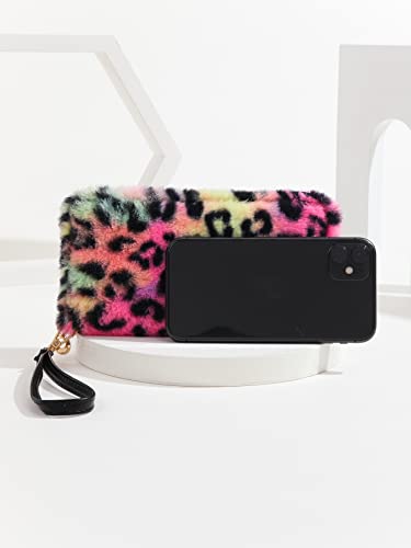 Women Fluffy Leopard Print Fluffy Wallet Bag Faux Fur Plush Tie Dye Rainbow Zipper Purse Coins Card Holder Organizer4