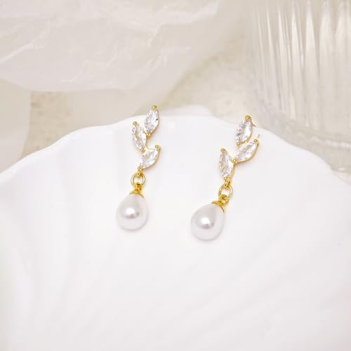 Gold Dangle Earrings for Women, 14k Pearl Drop Earrings Leaf Flower Pearl Gold Earrings for Women Trendy Cute Prom Bridal Earring Dangling Long Pearl Earring Wedding Jewelry Gift4