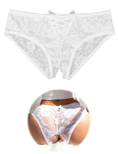 ohmydear Womens Lace Boyshorts Crotchless Sexy Panties Crisscross Strappy Underwear Plus Size Hipster Briefs White XS-S