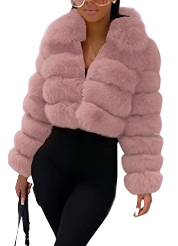 loveimgs Women Fluffy Faux Fur Coat Cropped Jacket Puffer Jacket Zip Up Winter Warm Fuzzy Teddy Jacket (X-Large Dark pink)