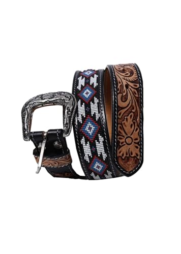 Western Leather Beaded Tooled Belt with Removable Buckle 30IS1024