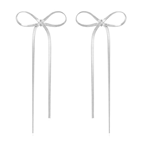 CUFELMU Long Chain Bow Drop Earrings for Women Silver Bowknot Tassel Dangle Earrings Fashion Jewelry Gifts