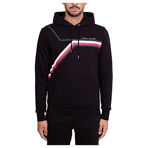Tommy Hilfiger Herr Split Corp Stripe Pullover Hoodie, Svart, S