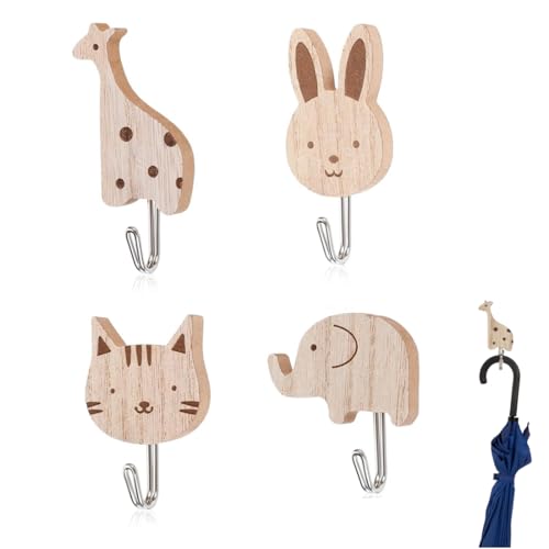 OUDQFCJ 4 Pezzi Ganci Adesivi in Legno con Animali Cartoon Appendiabiti per Bambini per Camera da Letto, Bagno, Cucina...