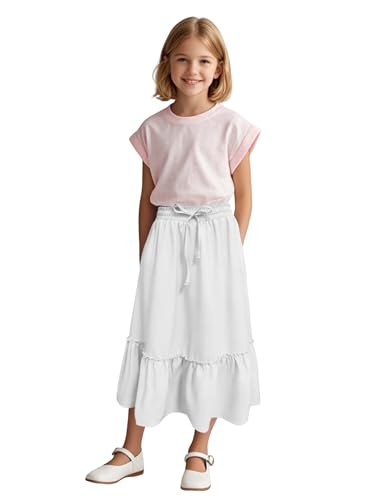 Image of Girls High Waisted Ruffle Maxi Skirt Soft Cotton Long Skirts with Elastic Waistband for Kid Girl 3-12 Years