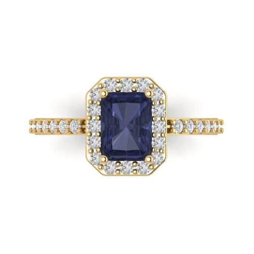 1.92 ctw Emerald Cut Solid Gold Engagement Ring for Women - 14K Yellow Gold - Simulated Blue Sapphire Wedding Promise Ring for Her