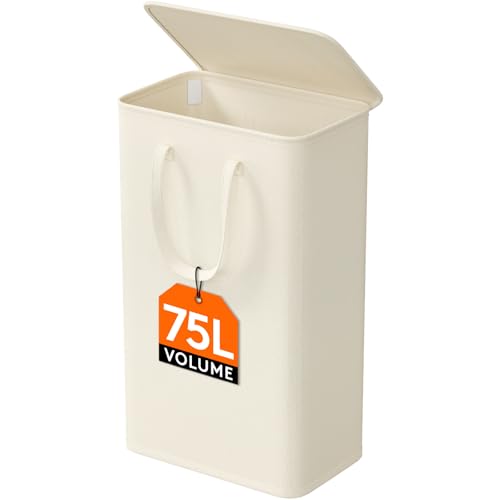 Lifewit Cesto Ropa Sucia Estrecho con Tapa, Cesta Ropa Sucia con Asas Extendidas, Cesta de Almacenamiento, Cubo Ropa Sucia Pequeño Plegable para Baño, Dormitorio, Lavadero, 75 L, Blanco