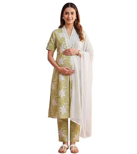 Image of DUMMY SHAPE Maternity Dresses for Women Cotton | Floral Kurta Pant Dupatta Set with Nursing Zippers, Side Pocket | Pre & Post Pregnancy | Feeding Kurti Suit | Baby Shower | Gifts for Pregnant Woman
