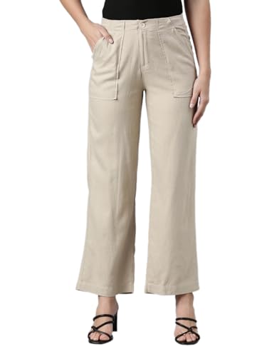 Image of GO COLORS Solid Linen Cargo Pants for Women | Full Length, Mid Rise, Side Pockets