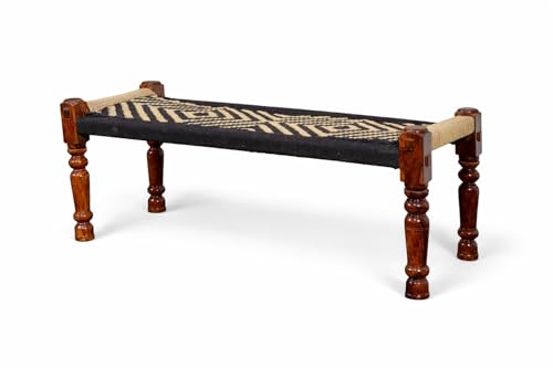 Image of Handwoven Wooden Bench | Traditional Rope Charpai Stool | Solid Wood Frame Seating for Living Room, Balcony & Outdoor | Durable & Stylish Design (Black with Jute)
