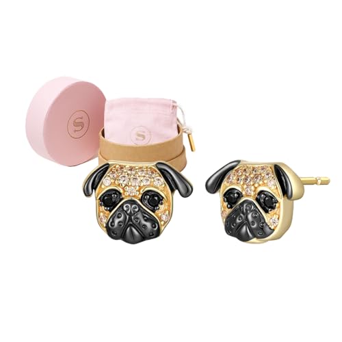 SCAMPER & CO Pug Cubic Zirconia and Genuine Black Spinel Stones Stud Earrings for Women - Sterling Silver Earrings, Premium Real 18K Yellow Gold & Gunmetal Plating Jewelry Gift for Dog Lovers