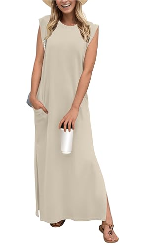 Image of GRECERELLE 2026 Women Year-Round Casual Round Neck Loose Split Wrinkle-Free Long Maxi Vacation Dress with Pockets (XXS-4XL)