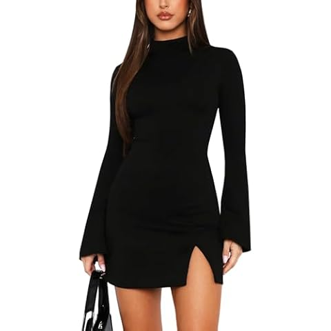Navneet Women Mini Dress Sexy Little Black Dress High Neck Long Sleeve Dresses Bell Sleeve Going Out Dresses Party Club S Cover