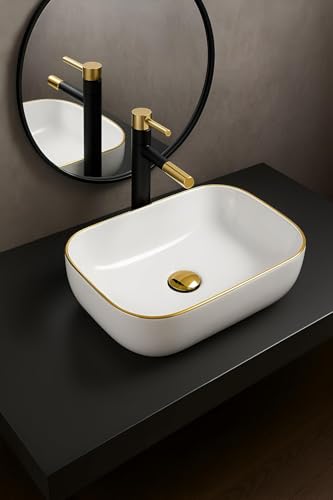 Image of OSOSAM Premium Designer Table Top Ceramic Wash Basin /Vessel Sink with Slim Rim for Bathroom (18 x 13 x 5.5 Inch) (White Glossy Finish)