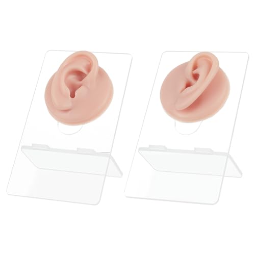 nbeads 2 Stk. Silikon Ohr Modell mit Acryl Ständer, Linkes und Rechtes Flexibles Modell Piercing Praxis Realistische Weiche Ohr Form für Schmuck Display Akupunktur Schaufensterpuppe Lehre