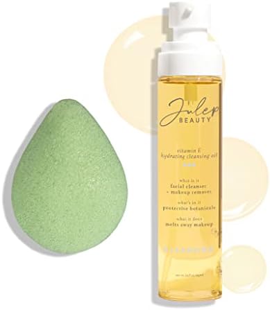 Julep Vitamin E Hydrating Cleansing Oil and Makeup Remover - Face Wash for Normal to Dry Sensitive Skin - 3.5 Fl Oz - Rosehip and Olive Oil Face Cleanser + Konjac Green Tea Sponge